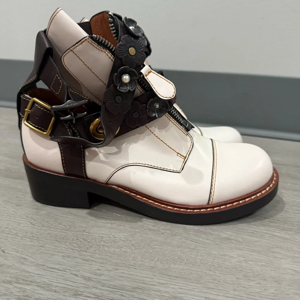 Coach Ankle Booties Chalk Oxblood Moto Cutout in White Leather - Picture 3 of 10